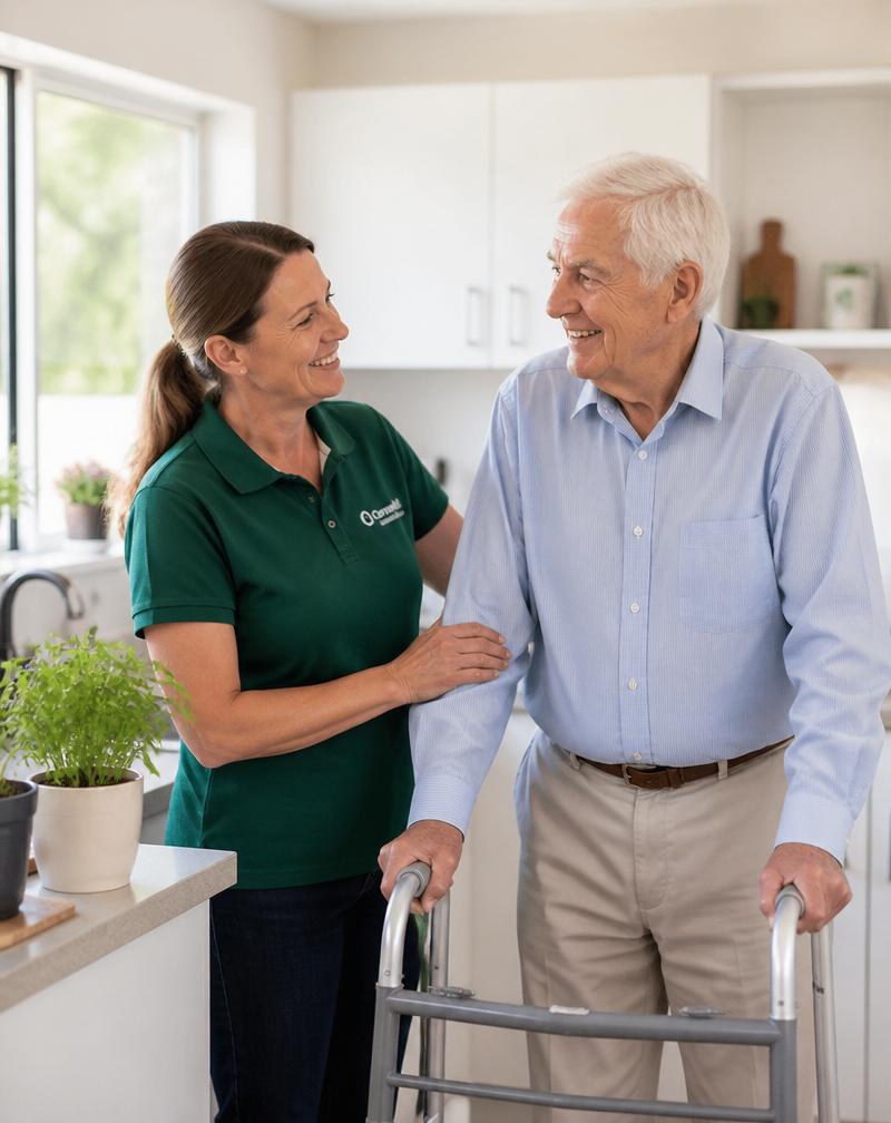 A caregiver supporting a senior man with a walking frame in a bright kitchen