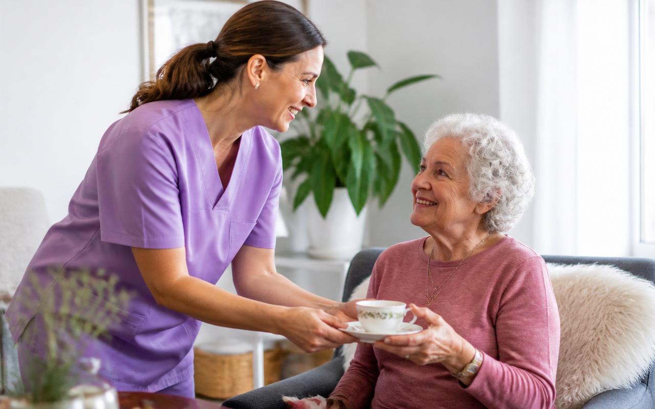 A caregiver offering a cup of tea to an elderly woman in a bright, comfortable home